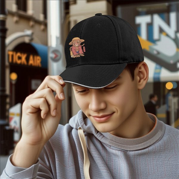 Black Baseball Cap With Monkey In Straw Hat Graphic