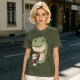Olive T-shirt with Cute Dinosaur Holding Coffee Print