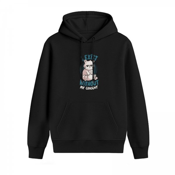 Black hoodie with a grumpy cat and 'I exist without my consent' print
