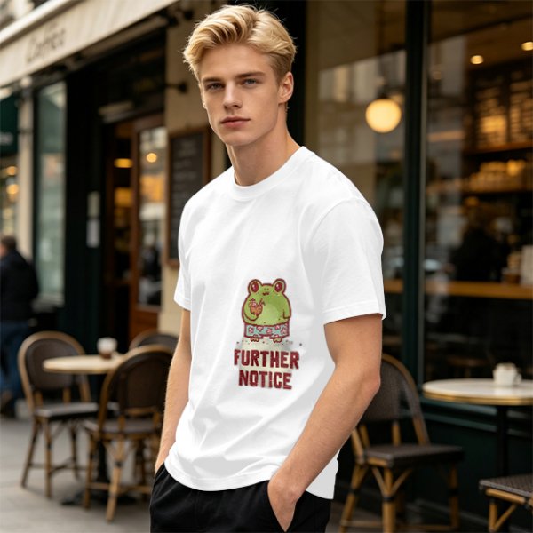 Olive T-Shirt with Cute Frog Graphic and Further Notice Text