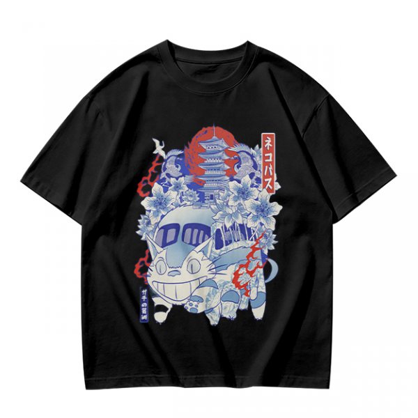 Olive green t-shirt with cat bus and Japanese traditional art print