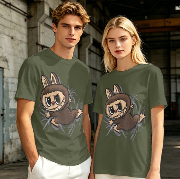 Olive Green T-Shirt With Playful Monster Bunny Graphic Print