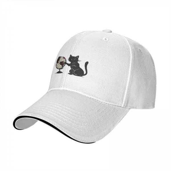 Black Baseball Cap With Cat Touching Globe Print