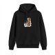 Black hoodie with owl, coffee mug and stacked books graphic