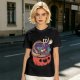 Halloween pumpkin ramen bowl with cute monster graphic t-shirt