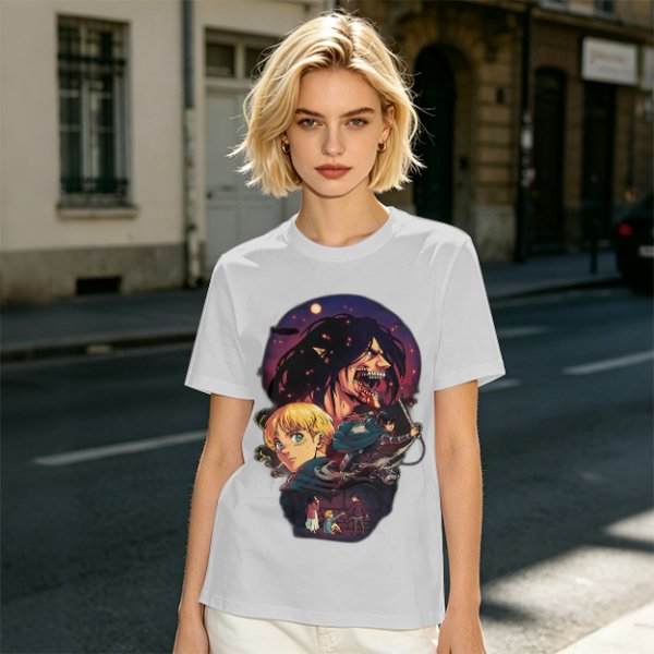 Attack on Titan themed graphic tee with anime character artwork