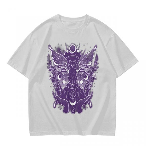 Olive T-Shirt with Celestial Cat Moth and Mystical Hands Print