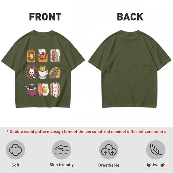 Olive T-Shirt With Cute Breakfast Cat Graphic Print