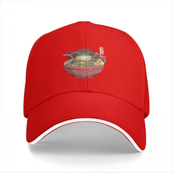 Black baseball cap with frog in ramen bowl graphic