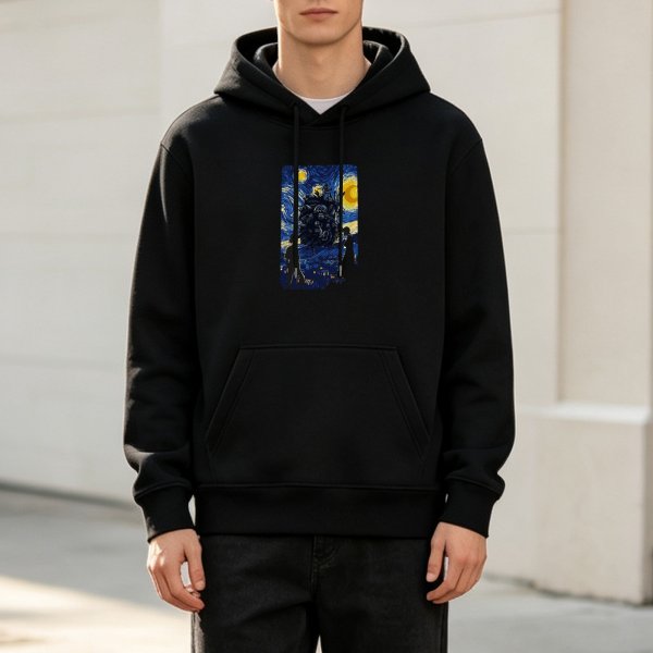 Black hoodie with Starry Night style fantasy castle graphic