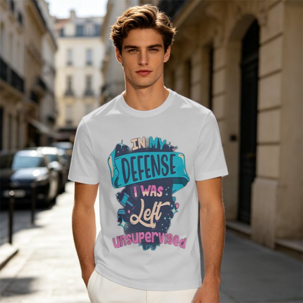 Olive t-shirt with 'In My Defense I Was Left Unsupervised' graphic