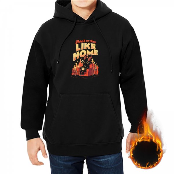 Black hoodie with 'Like Home' devil cat on fire graphic