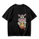 Olive green t-shirt with a ninja cat eating ramen graphic
