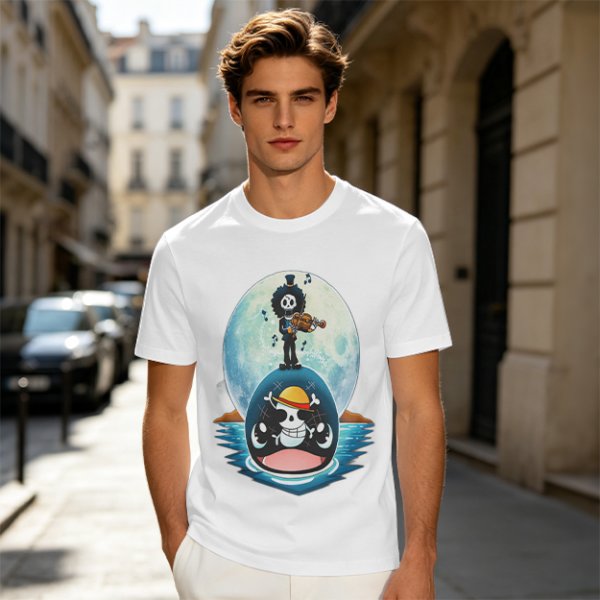 One Piece Brook Playing Violin on Laboon Whale Moon T-Shirt Print