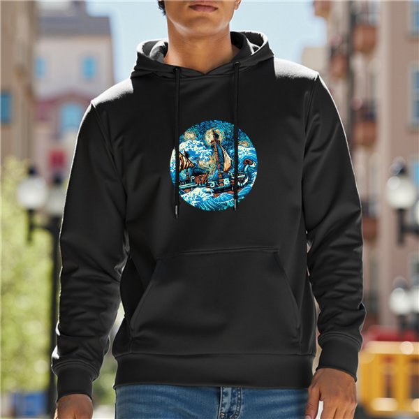 Black Hoodie With Stormy Sea Sailing Ship Graphic Print