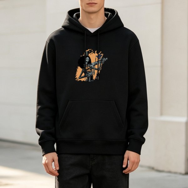 Black hoodie with skeleton musician playing violin graphic