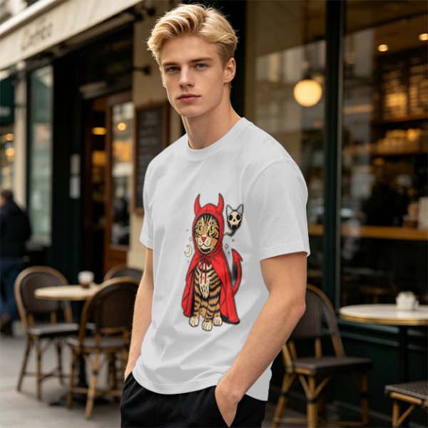 Olive T-shirt with a tabby cat in a devil hood and skull cat graphic