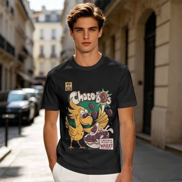 Olive t-shirt with Choco-Bo's cereal graphic featuring a yellow bird