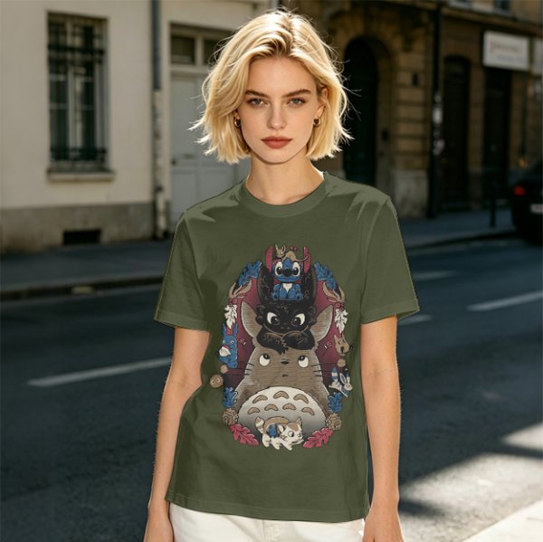 Olive T-Shirt with Stacked Anime Character Totem Print