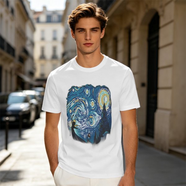 Olive T-Shirt with Starry Night Art Print