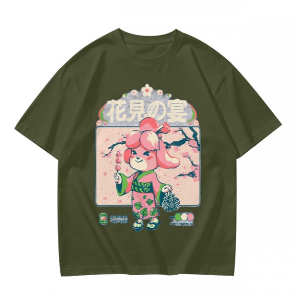 Olive green t-shirt with cherry blossom festival dog character print