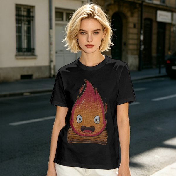 Olive T-Shirt With Cute Calcifer Fire Demon Print