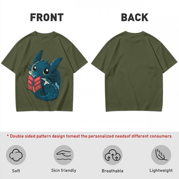 Olive T-Shirt With Cute Baby Dragon Reading Book Print
