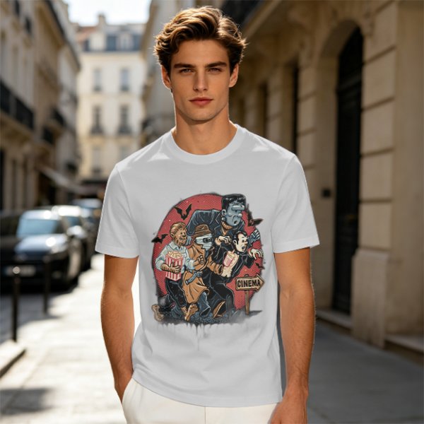 Olive T-Shirt with Classic Horror Monsters Going to Cinema Print