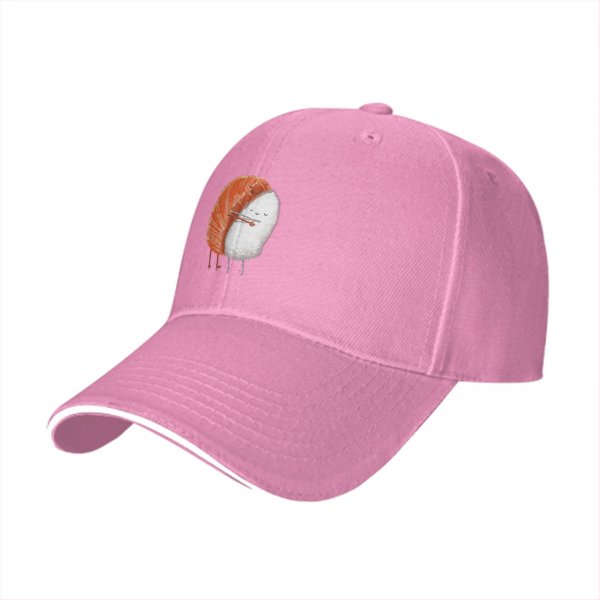 Black Baseball Cap With Cute Salmon Sushi Character Print