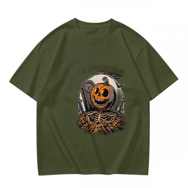 Olive Halloween Skeleton Pumpkin Graphic T-Shirt
