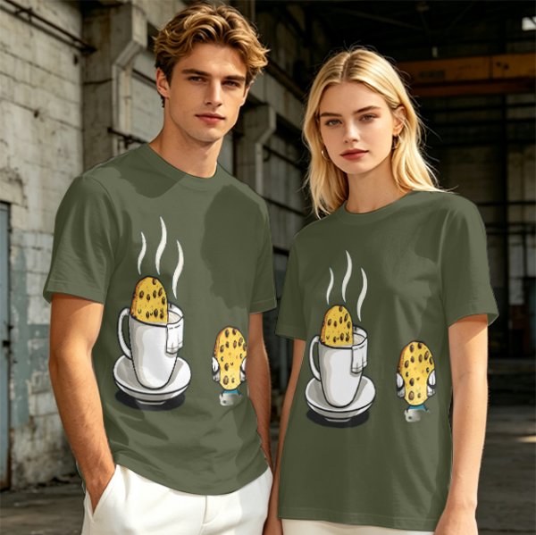 Olive T-Shirt With Funny Cookie In Coffee Cup Print