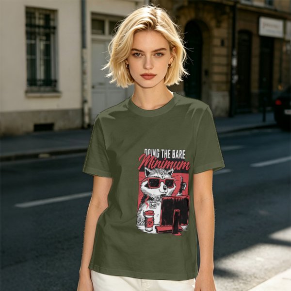 Olive graphic t-shirt with raccoon doing the bare minimum at computer
