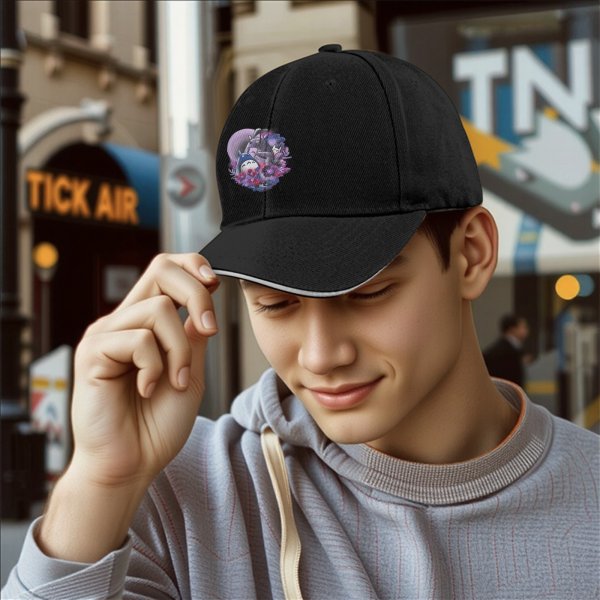 Black Baseball Cap With My Neighbor Totoro Floral Art Print