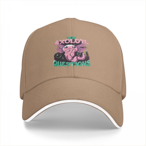 Black baseball cap with 'You Axolotl Questions' cute axolotl graphic