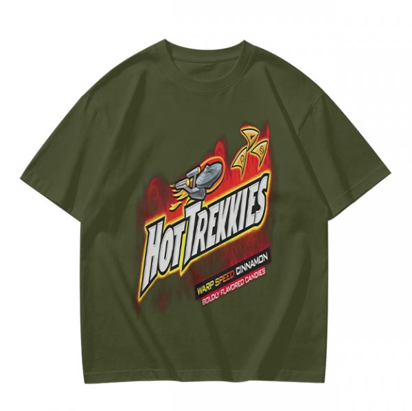 Olive green graphic t-shirt with Hot Trekkies Star Trek themed print