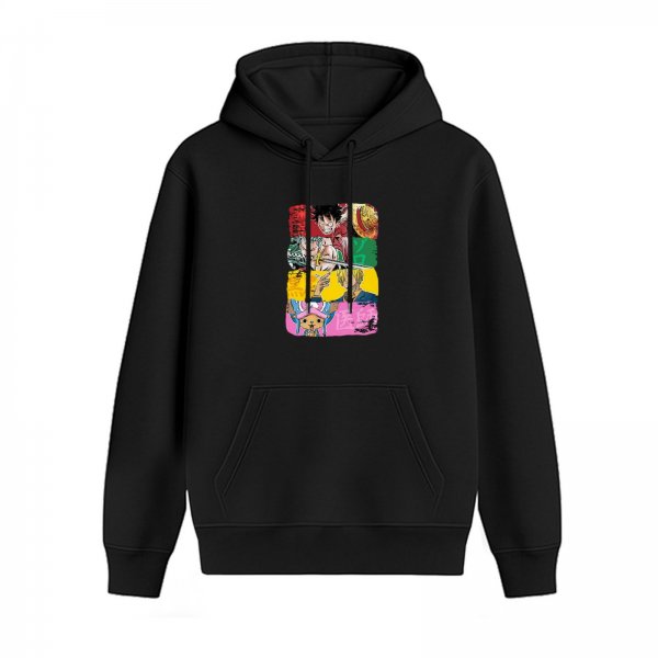Black Hoodie with One Piece Anime Character Collage Print