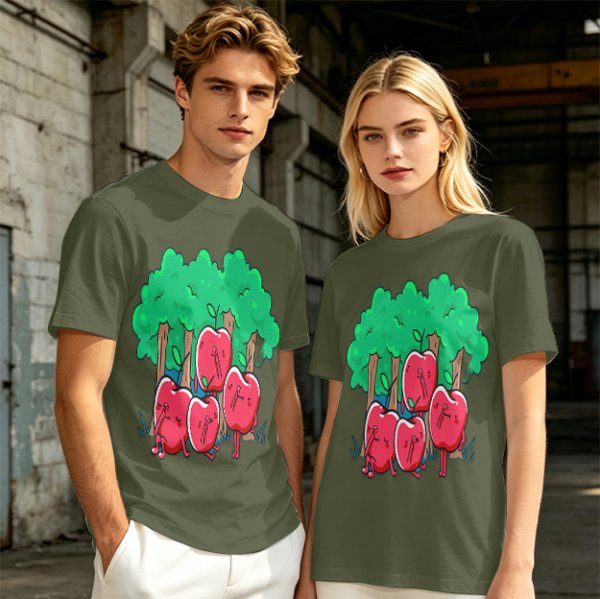 Olive T-Shirt With Cartoon Anthropomorphic Apples In Forest Print