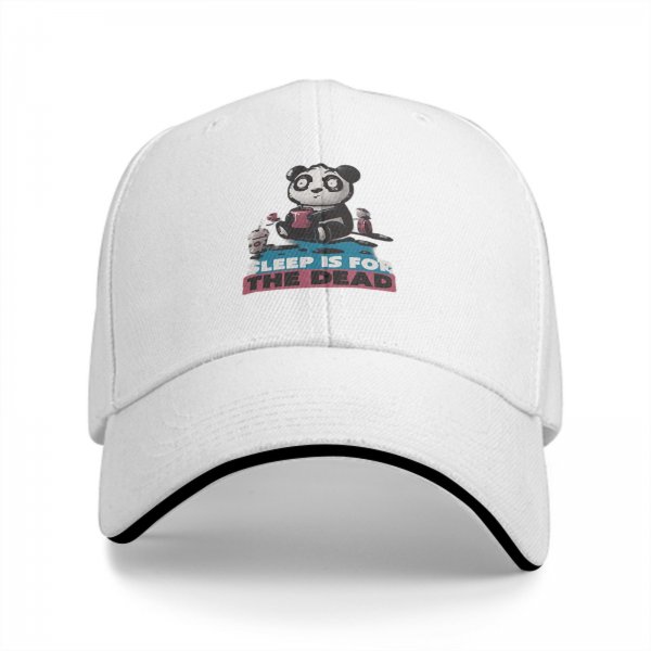 Black baseball cap with panda graphic and 'Sleep is for the dead' text