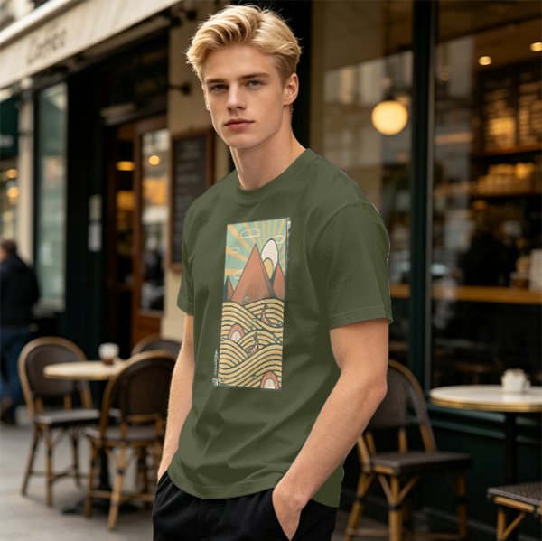 Olive T-Shirt With Retro Mountain And Ramen Noodle Landscape Print