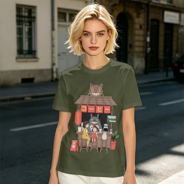 Studio Ghibli inspired coffee stand t-shirt with Totoro and friends