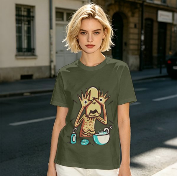 Olive T-shirt with a startled alien washing hands graphic