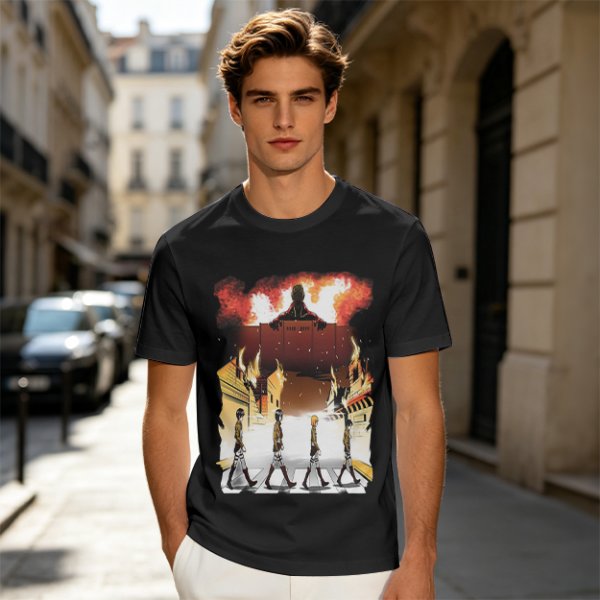 Olive T-Shirt With Anime Characters Crossing Burning Street Print