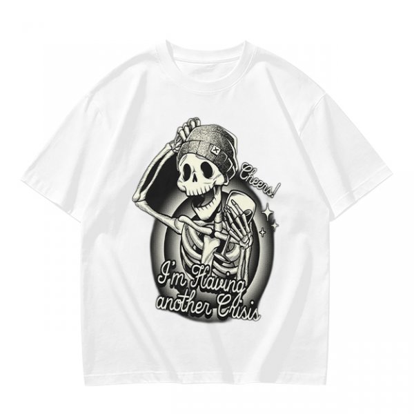Olive t-shirt with skeleton graphic and 'Cheers! I'm Having Another Crisis' text