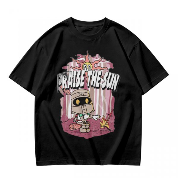 Olive t-shirt with cartoon knight 'Praise the Sun' graphic