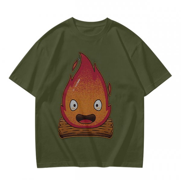 Olive T-Shirt With Cute Calcifer Fire Demon Print