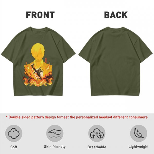 One Piece Sanji Fire Kick Graphic Olive T-Shirt