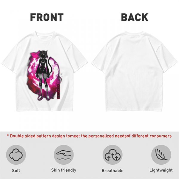 Olive anime cat character graphic t-shirt with pink abstract background