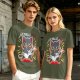 Olive green graphic t-shirt with a cartoon metal cat playing guitar