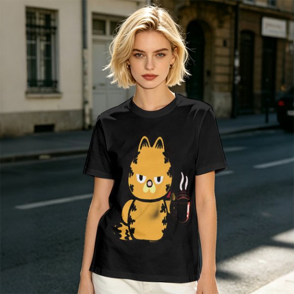 Olive T-Shirt With Grumpy Orange Cat Holding Hot Coffee Print