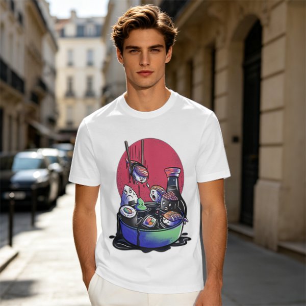 Olive T-Shirt With Anxious Sushi Characters In Soy Sauce Bowl Print